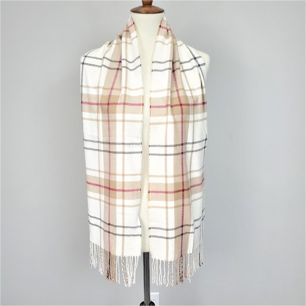 Beige and Tan Plaid Tasseled Fringe Scarf
